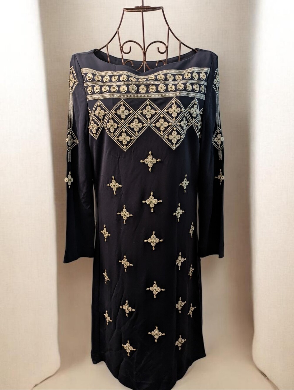 Tory Burch Elegant Navy Blue Dress With White Geometric Patterns